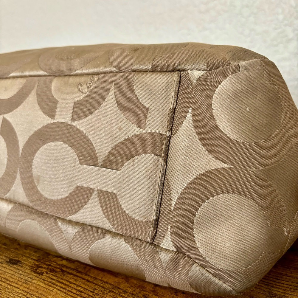 Coach Canvas Leather Tote Madison Tribeca Op Art Small Gold Tan Brown Pink Satin - Picture 15 of 15